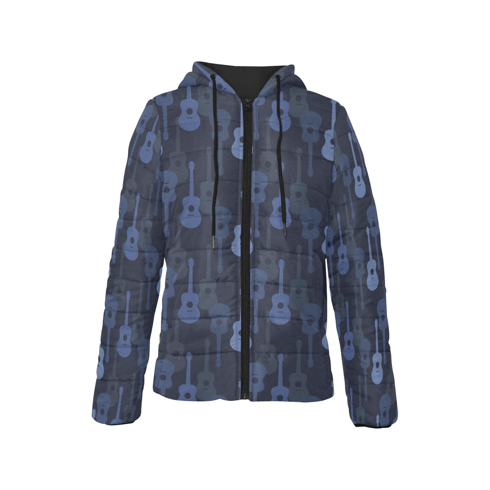 Blue Theme guitar pattern Women's Padded Hooded Jacket