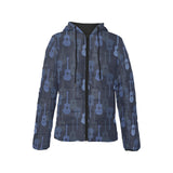 Blue Theme guitar pattern Women's Padded Hooded Jacket