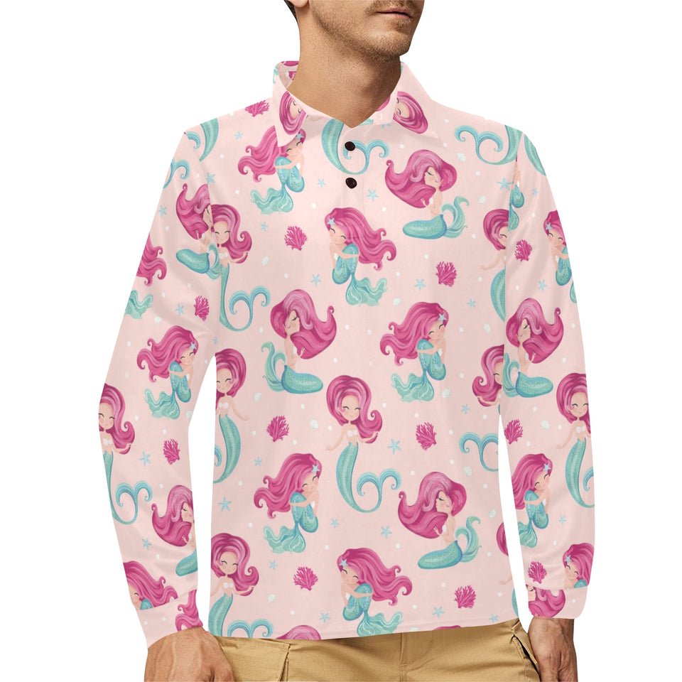 Cute little mermaid pattern Men's Long Sleeve Polo Shirt