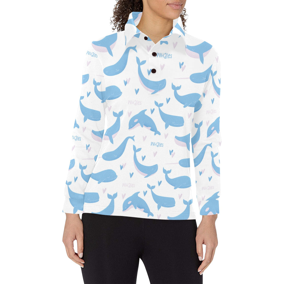 Blue whale pattern Women's Long Sleeve Polo Shirt