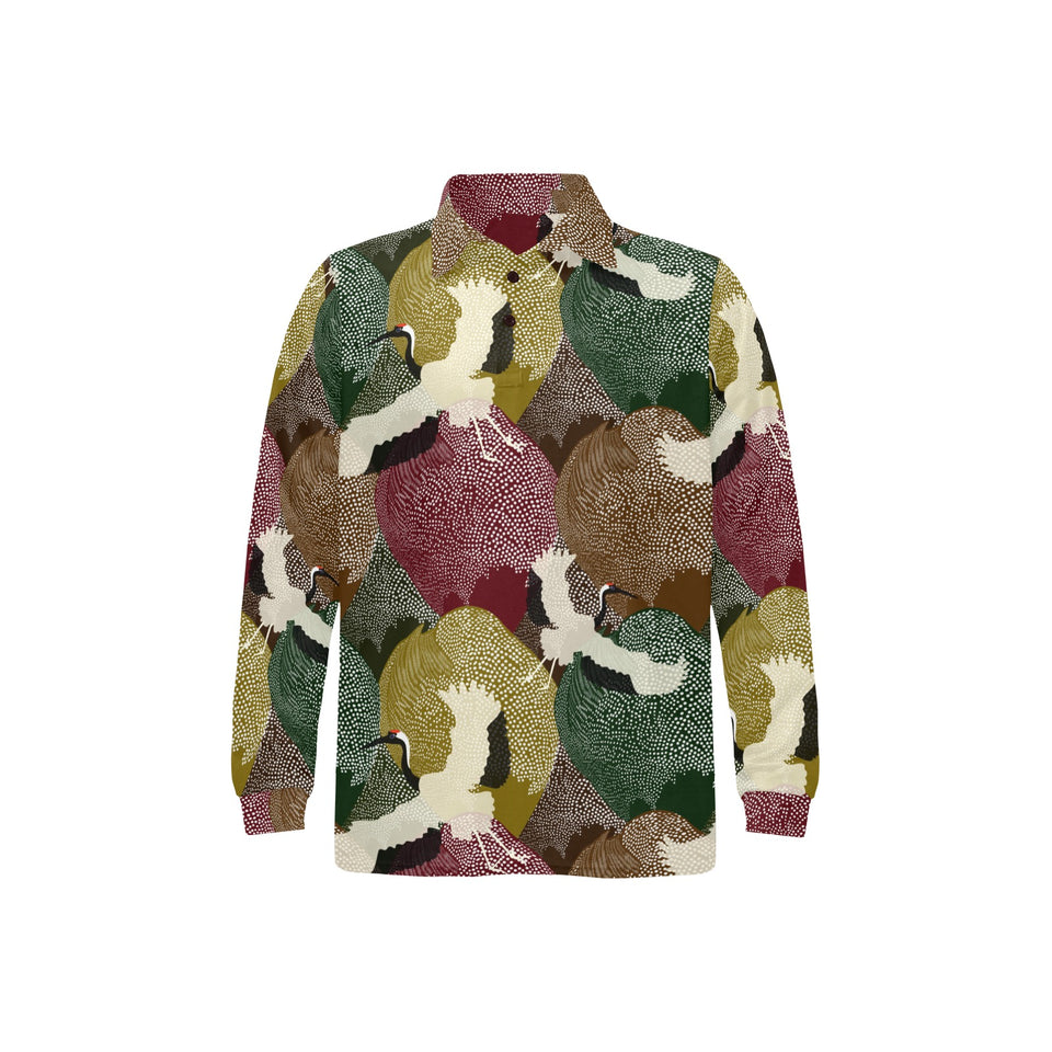 Japanese cranes flying forest dot pattern Men's Long Sleeve Polo Shirt