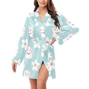 Maneki neko cat sakura Women's Long Sleeve Belted Night Robe