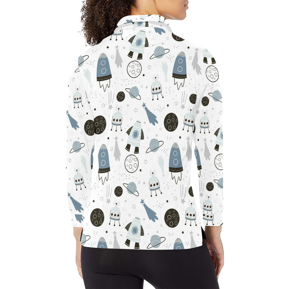 Hand drawn space elements space rocket star planet Women's Long Sleeve Polo Shirt