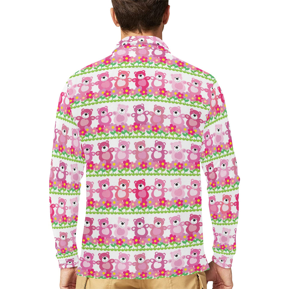 Teddy Bear Pattern Print Design 04 Men's Long Sleeve Polo Shirt