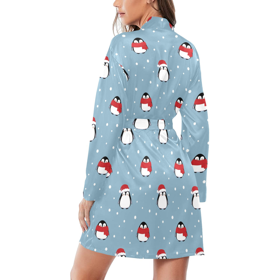 Cute penguin christmas snow pattern Women's Long Sleeve Belted Night Robe