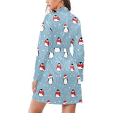 Cute penguin christmas snow pattern Women's Long Sleeve Belted Night Robe