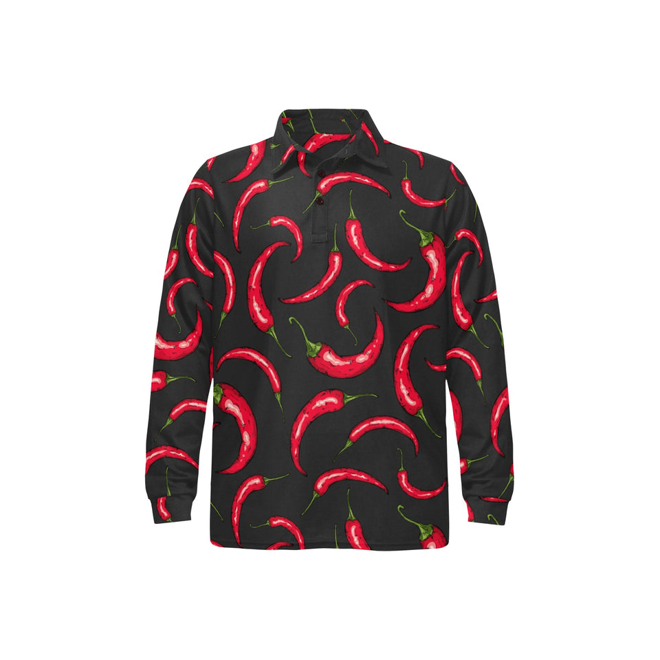 Chili peppers pattern black background Men's Long Sleeve Polo Shirt