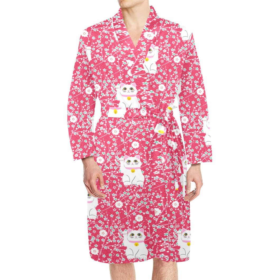 Maneki neko cat sakura pink background Men's Long Sleeve Belted Night Robe