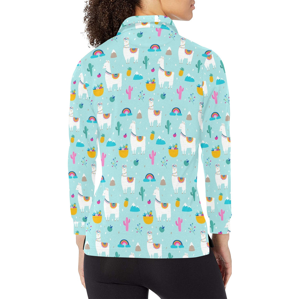 Llama alpaca cactus leaves pattern Women's Long Sleeve Polo Shirt