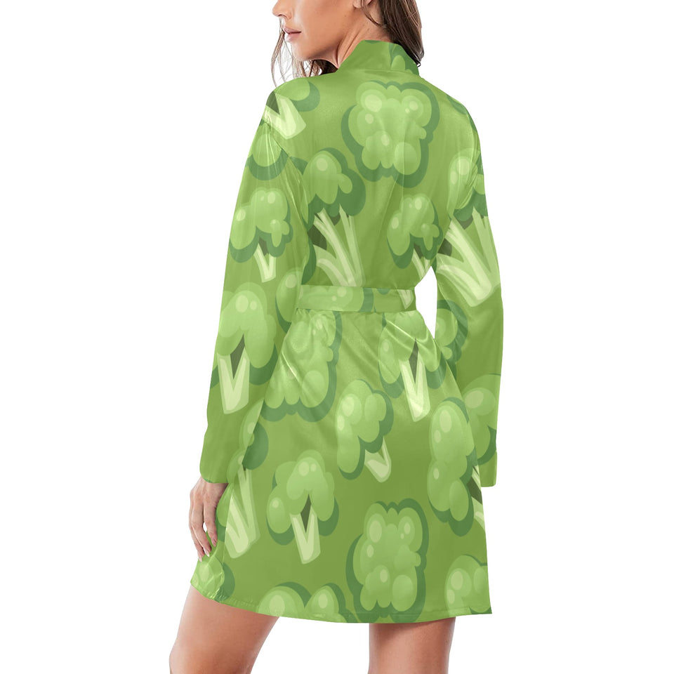 Broccoli pattern green background Women's Long Sleeve Belted Night Robe