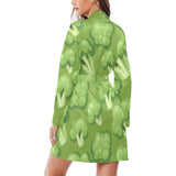 Broccoli pattern green background Women's Long Sleeve Belted Night Robe