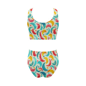 Colorful moon pattern Chest Bowknot High Waisted Bikini Swimsuit