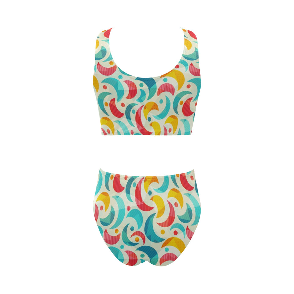 Colorful moon pattern Chest Bowknot High Waisted Bikini Swimsuit