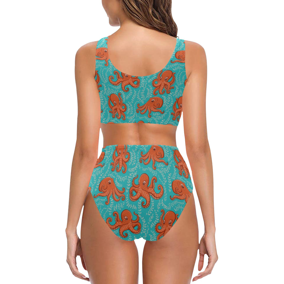 Octopus turquoise background Chest Bowknot High Waisted Bikini Swimsuit