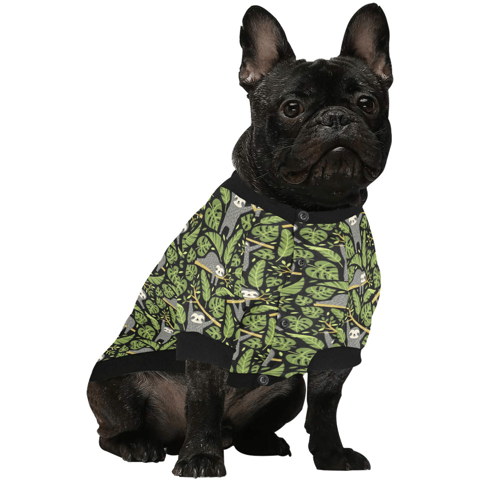 Cute sloths tropical palm leaves black background All Over Print Pet Dog Round Neck Fuzzy Shirt