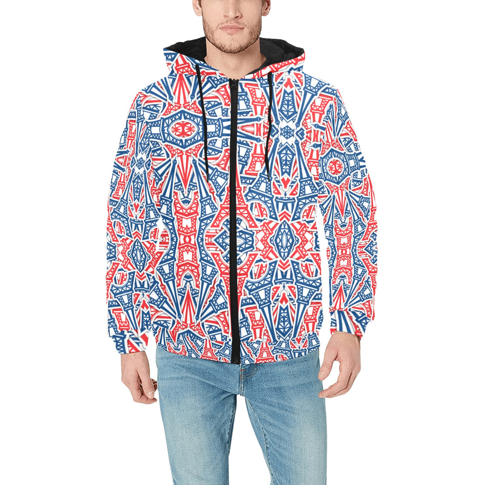 Blue Red Eiffel Tower Pattern Print Design 02 Men's Padded Hooded Jacket