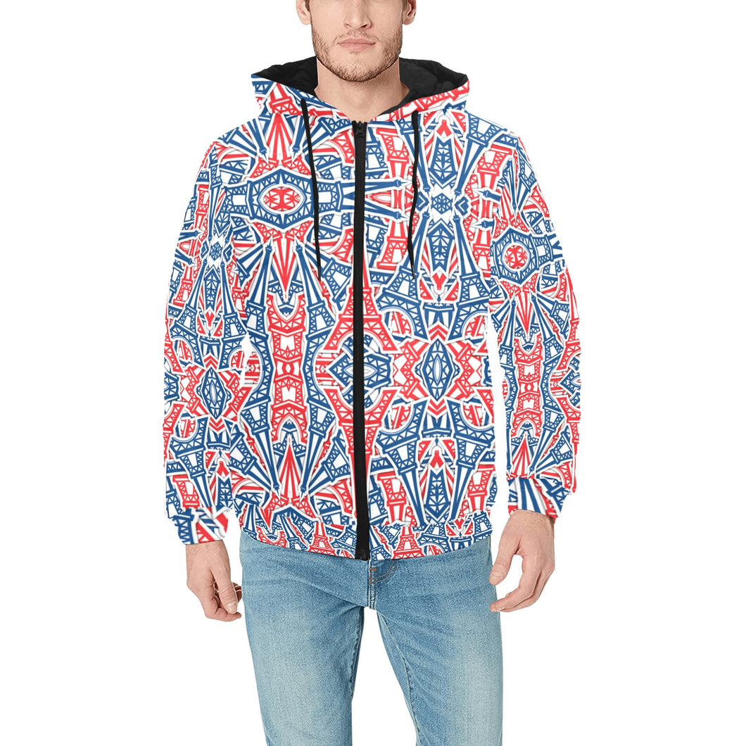 Blue Red Eiffel Tower Pattern Print Design 02 Men's Padded Hooded Jacket
