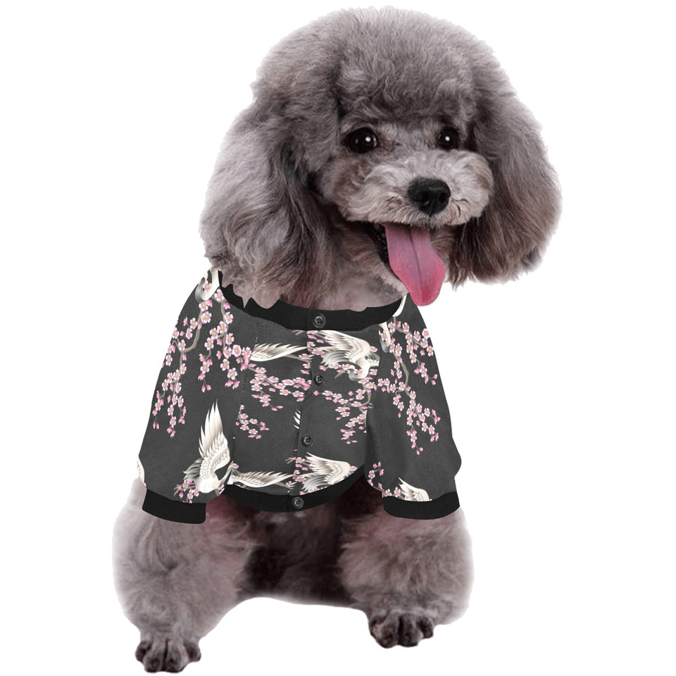 Japanese crane pink sakura pattern All Over Print Pet Dog Round Neck Fuzzy Shirt