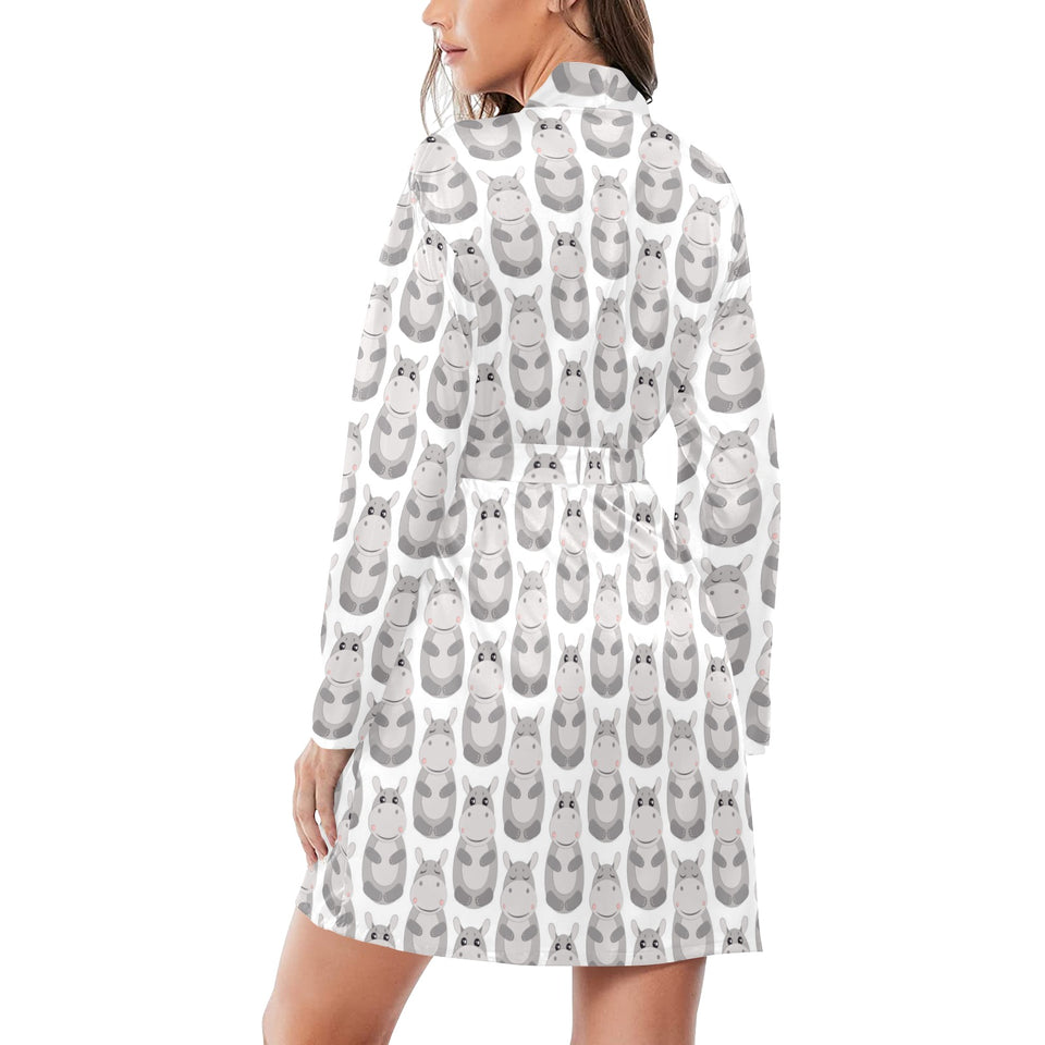 Hippopotamus Pattern Print Design 05 Women's Long Sleeve Belted Night Robe