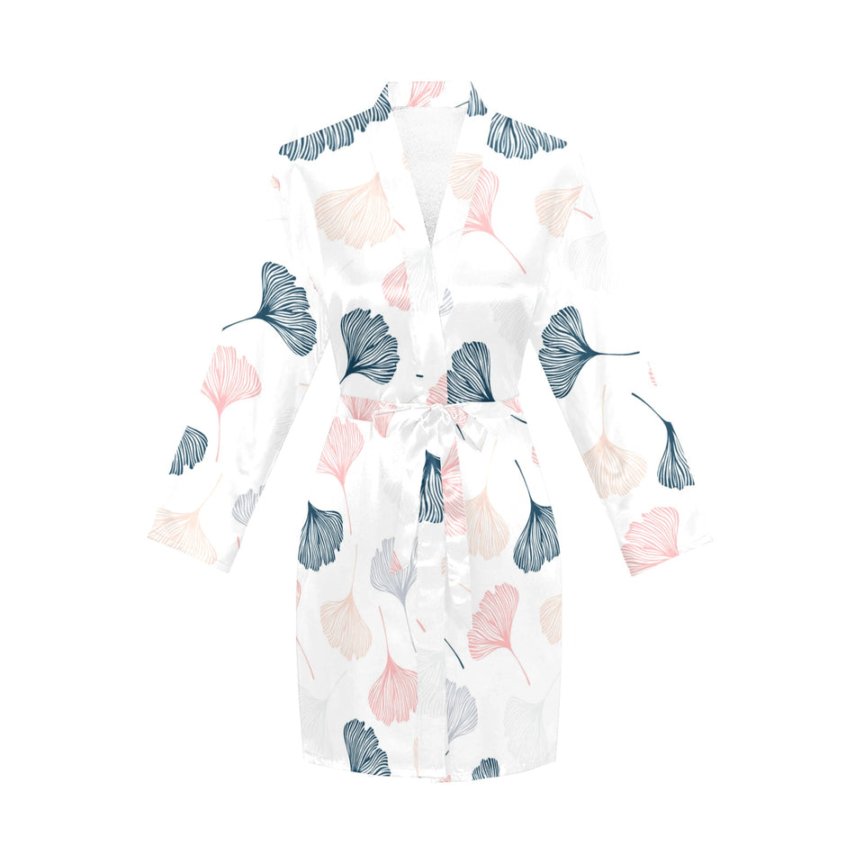 Black Gray Cream coral ginkgo leaves pattern Women's Long Sleeve Belted Night Robe