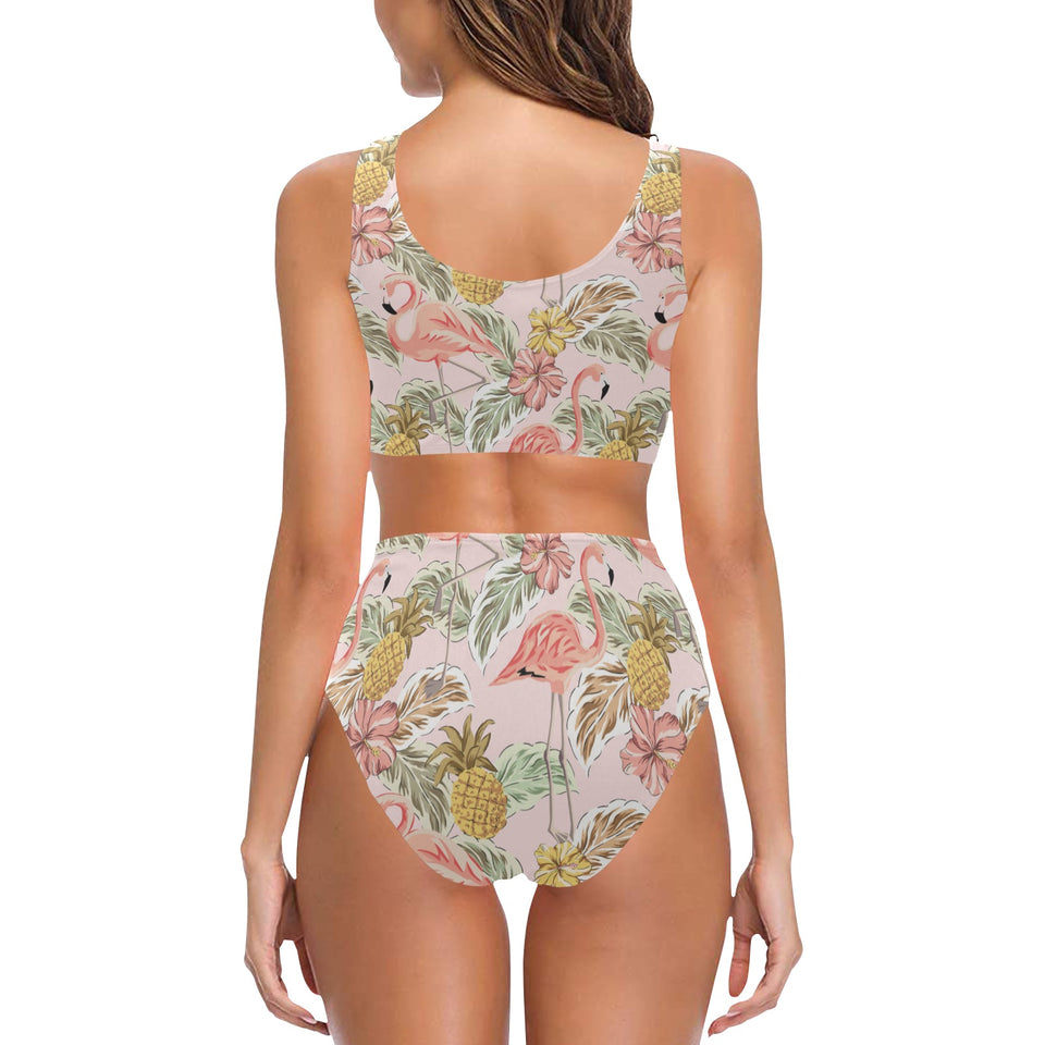 Pink flamingo birds pineapples hibiscus flower pat Chest Bowknot High Waisted Bikini Swimsuit