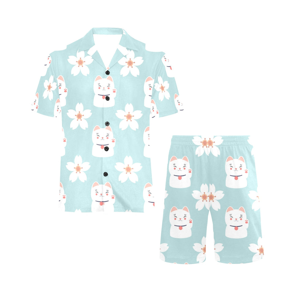 Maneki neko cat sakura Men's V-Neck Short Pajama Set