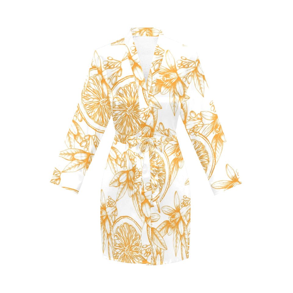 hand drawn orange fruit pattern Women's Long Sleeve Belted Night Robe