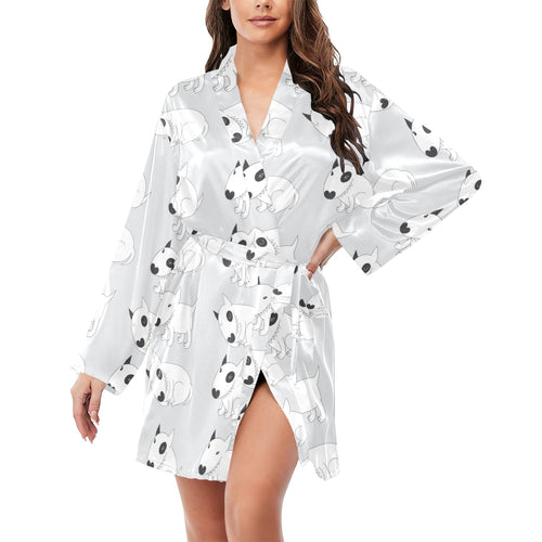 Bull Terrier Pattern Print Design 01 Women's Long Sleeve Belted Night Robe