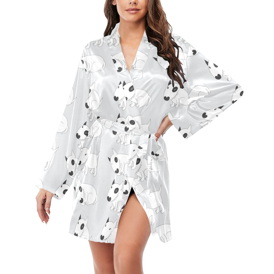 Bull Terrier Pattern Print Design 01 Women's Long Sleeve Belted Night Robe