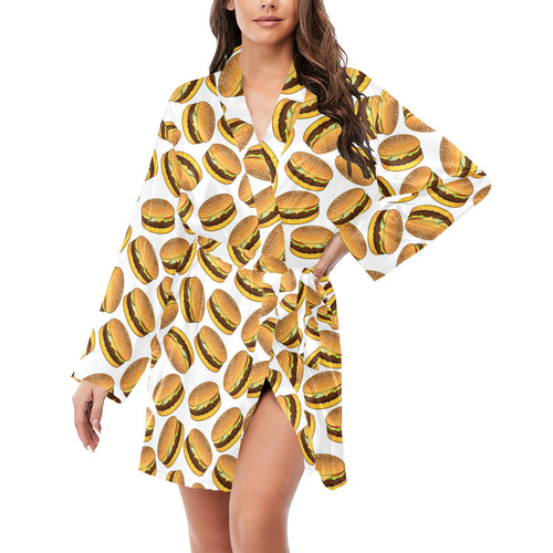 Hamburger Pattern Print Design 03 Women's Long Sleeve Belted Night Robe