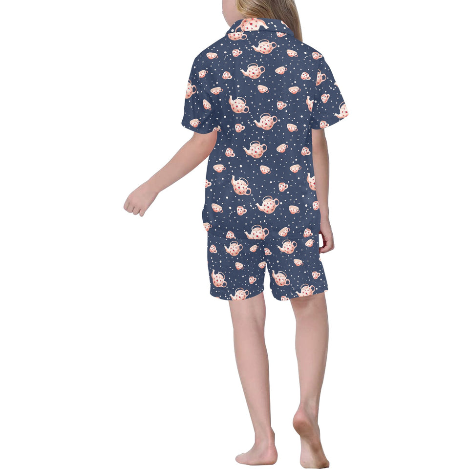 Tea pots Pattern Print Design 04 Kids' Boys' Girls' V-Neck Short Pajama Set