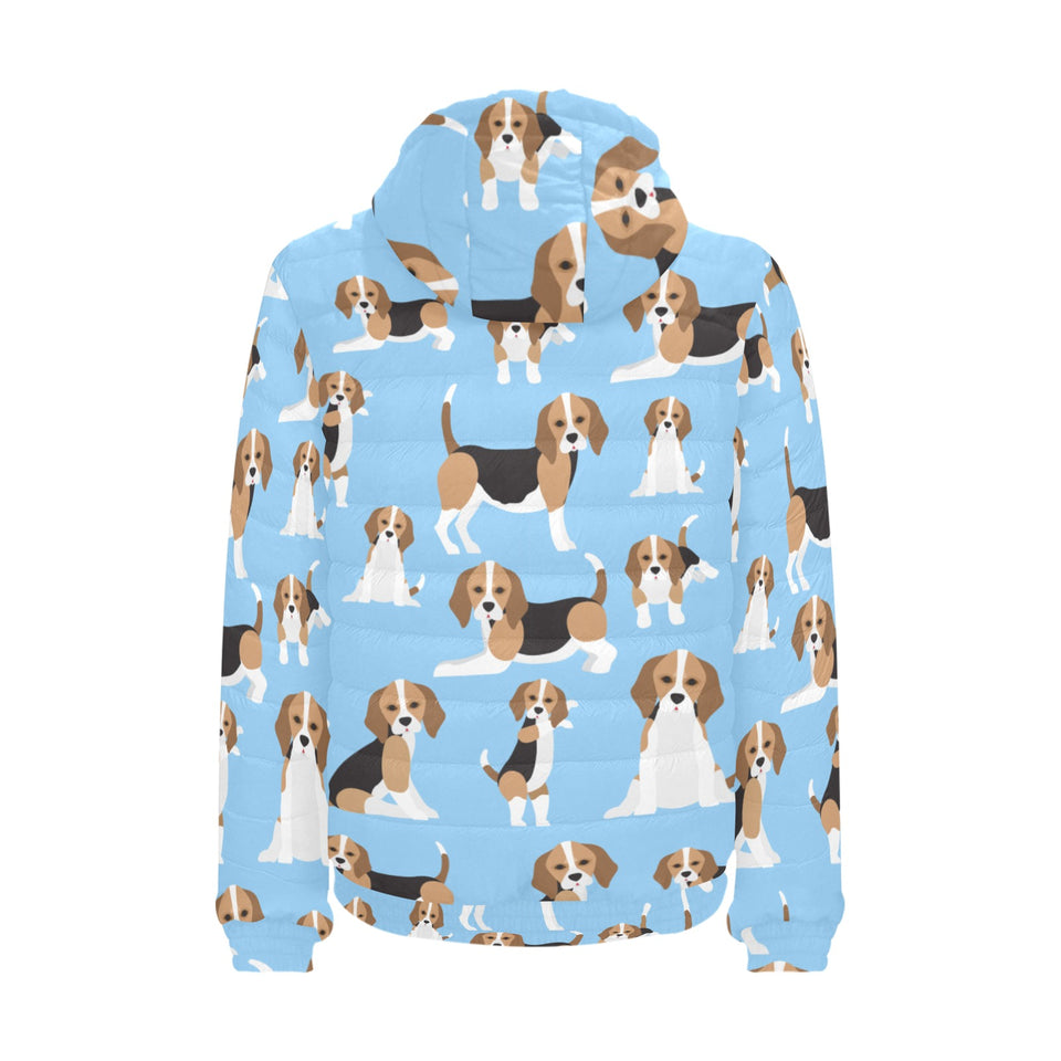 Beagle dog blue background pattern Men's Padded Hooded Jacket