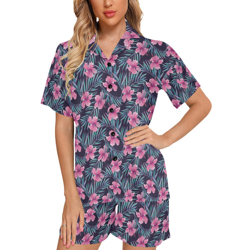 Hibiscus Pattern Print Design 05 Women's V-Neck Short Pajama Set