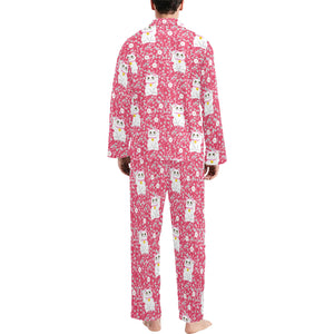Maneki neko cat sakura pink background Men's Long Pajama Set