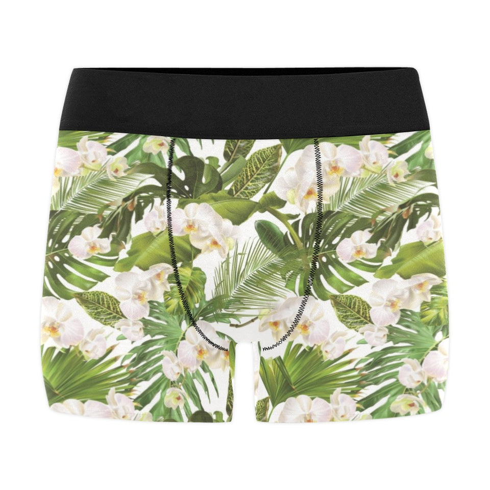 White orchid flower tropical leaves pattern Men's All Over Print Boxer Briefs Men's Underwear