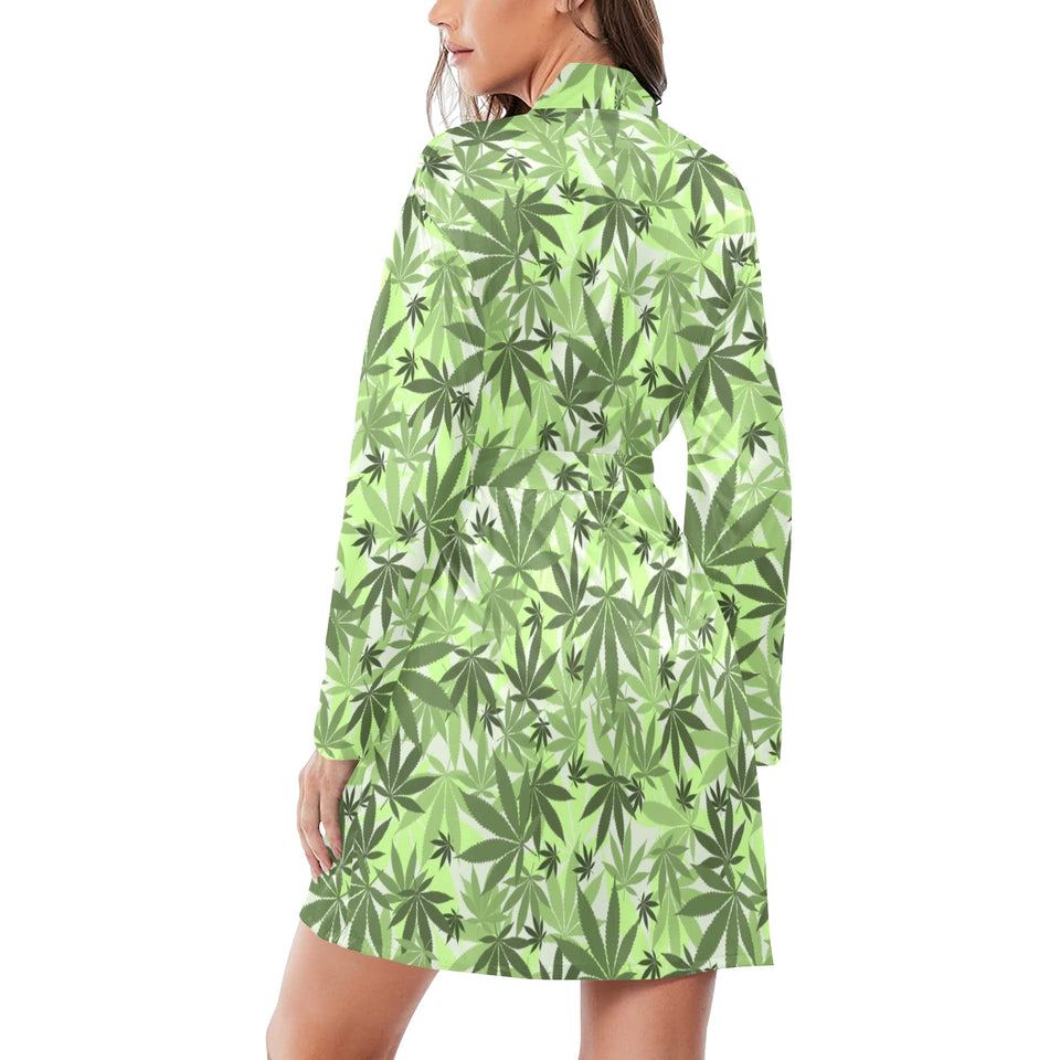 Canabis Marijuana Weed Pattern Print Design 01 Women's Long Sleeve Belted Night Robe