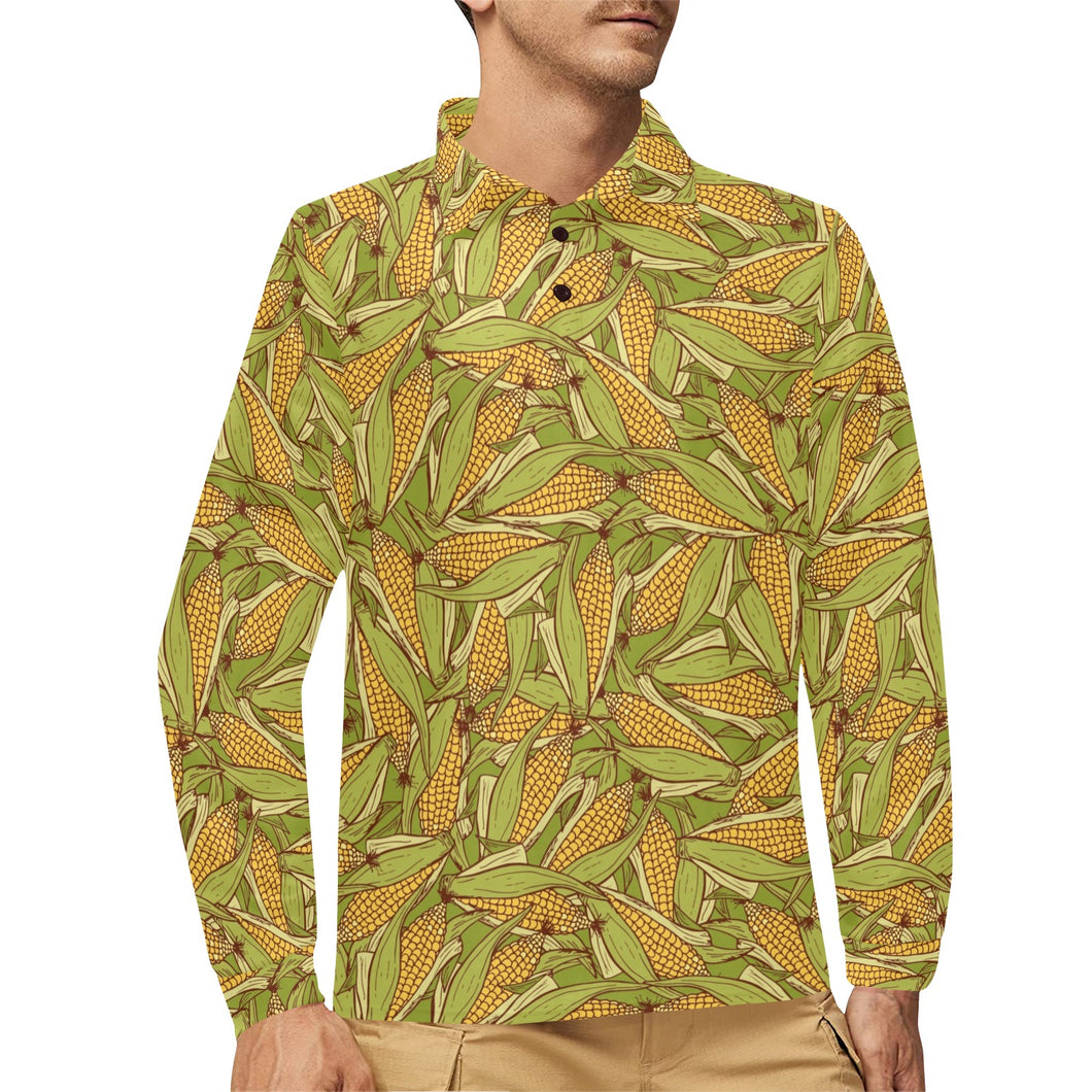 Corn Pattern Print Design 01 Men's Long Sleeve Polo Shirt