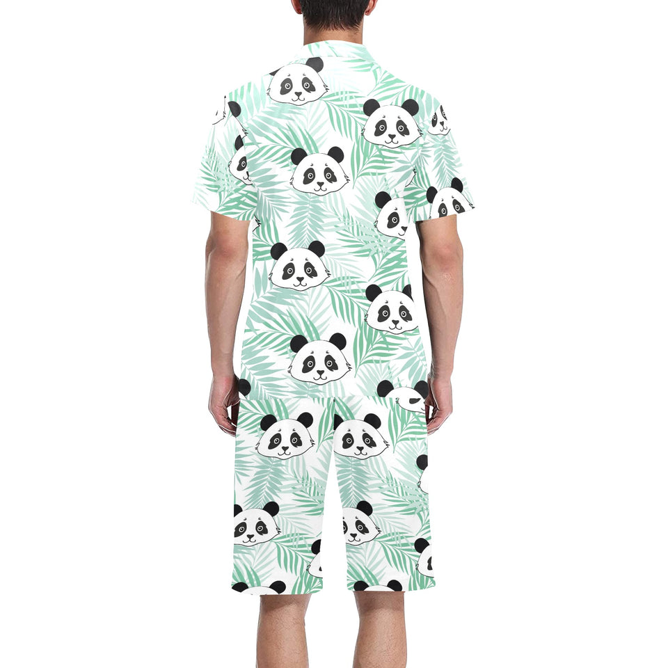 Panda pattern tropical leaves background Men's V-Neck Short Pajama Set