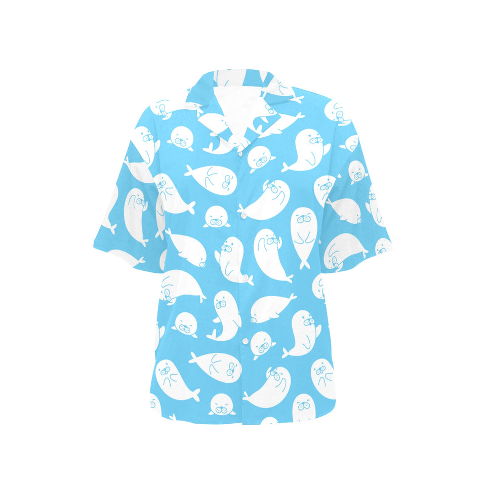 Cute white sea lion seals pattern Women's All Over Print Hawaiian Shirt