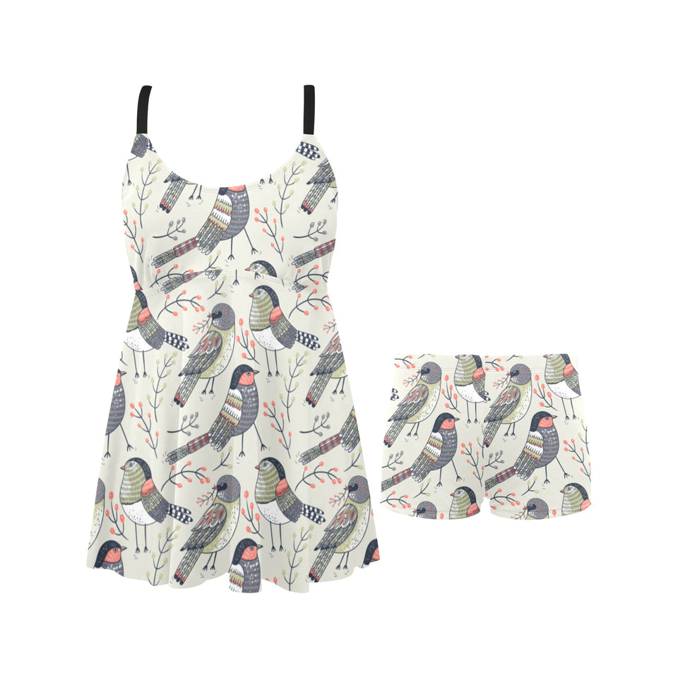 Pigeon Pattern Print Design 04 Chest Sexy Pleated Two Piece Swim Dress