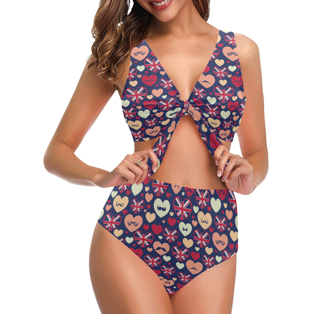 British Pattern Print Design 02 Chest Bowknot High Waisted Bikini Swimsuit