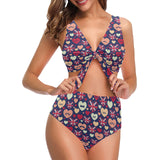 British Pattern Print Design 02 Chest Bowknot High Waisted Bikini Swimsuit