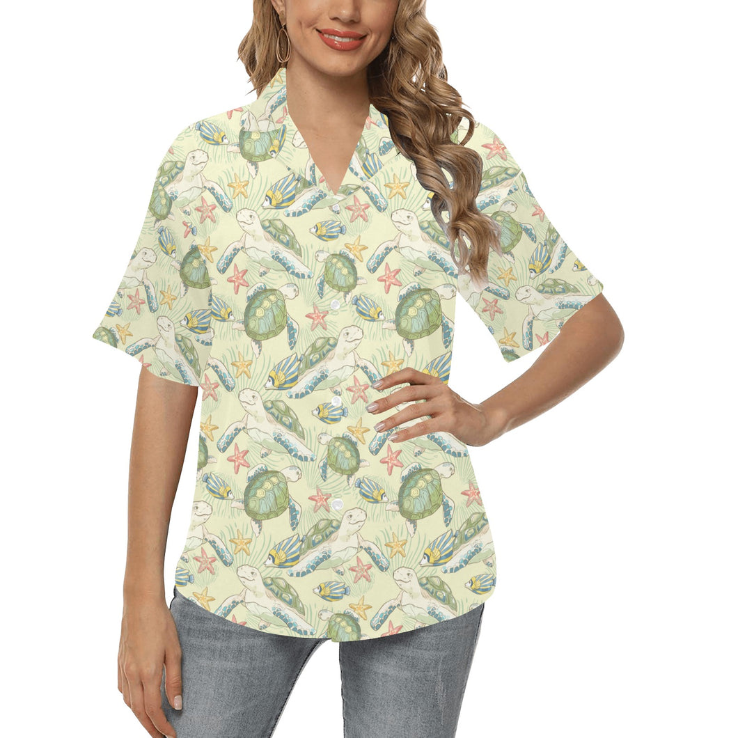 Hand drawn sea turtle fish pattern Women's All Over Print Hawaiian Shirt