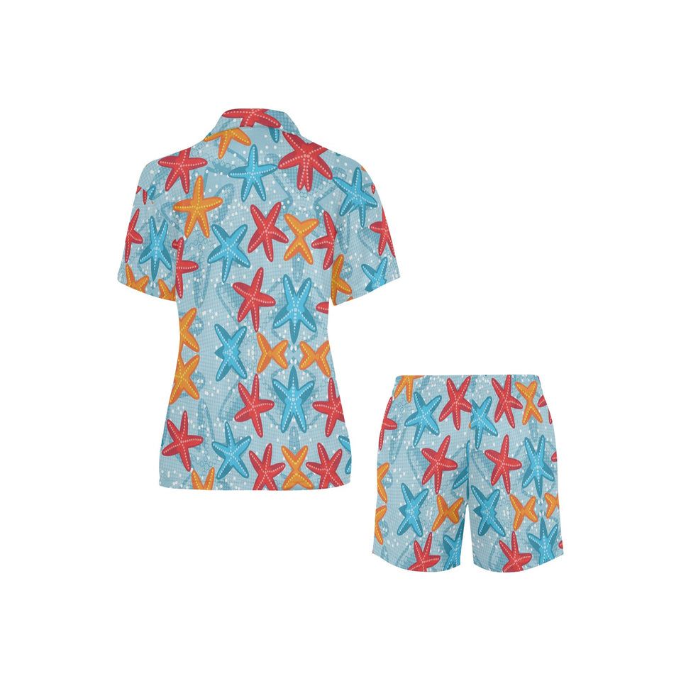 Blue red orange starfish pattern Women's V-Neck Short Pajama Set