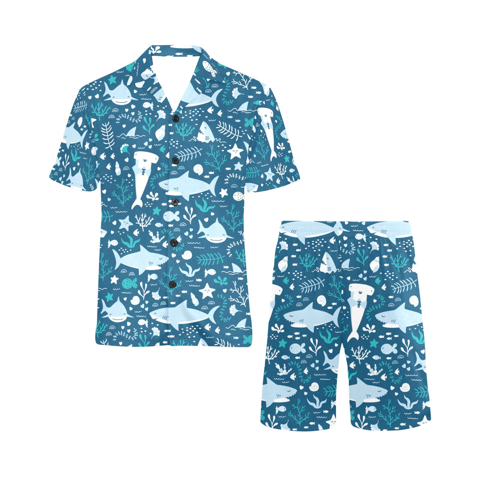 Cute shark pattern Men's V-Neck Short Pajama Set