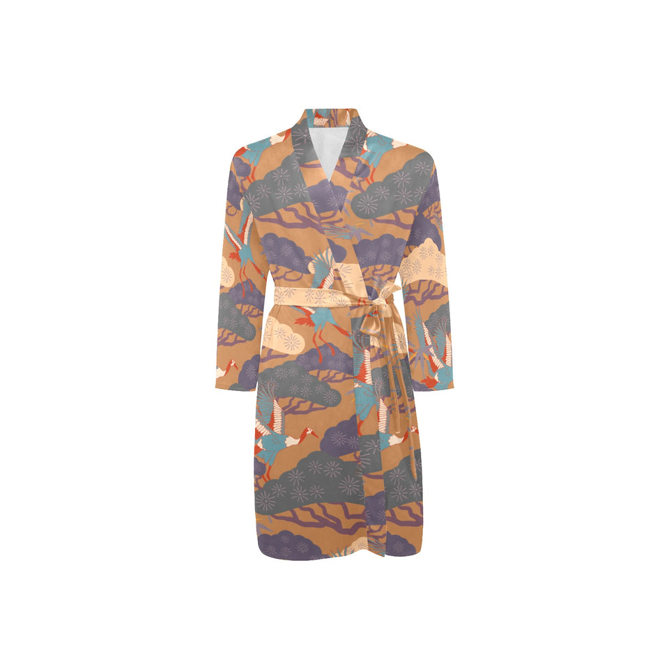 Bonsai bamboo stork japanese pattern brown theme Men's Long Sleeve Belted Night Robe