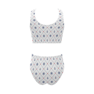 Anchor rudder nautical design pattern Chest Bowknot High Waisted Bikini Swimsuit