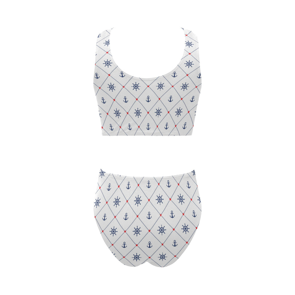 Anchor rudder nautical design pattern Chest Bowknot High Waisted Bikini Swimsuit