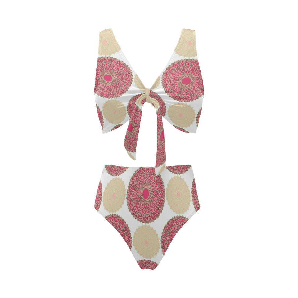Circle indian pattern Chest Bowknot High Waisted Bikini Swimsuit