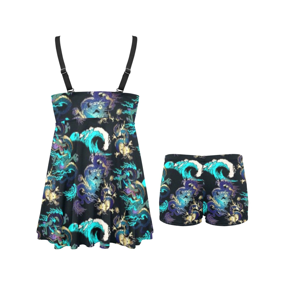 Dragon sea wave pattern Chest Sexy Pleated Two Piece Swim Dress